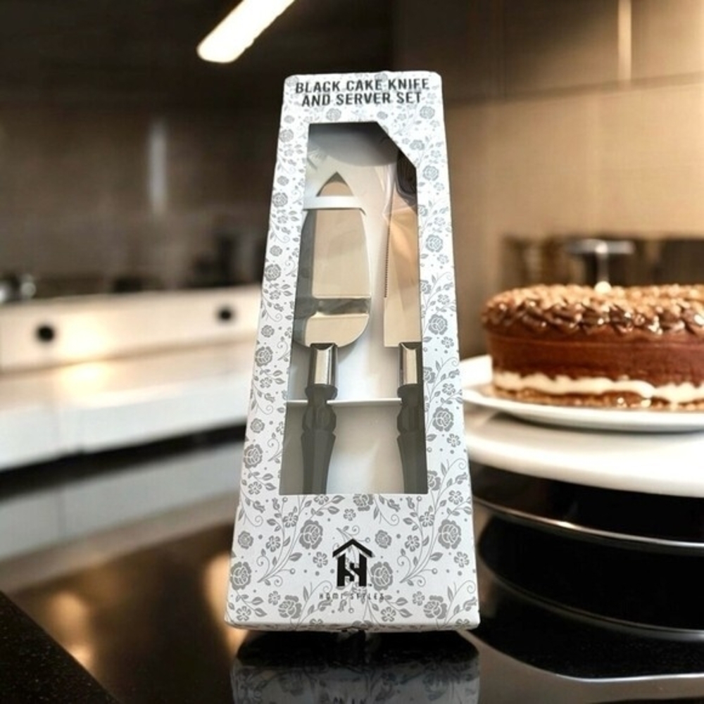 Homi Styles Black Cake Knife Server Set Stainless Steel Wedding Serving 2 Pc NIB